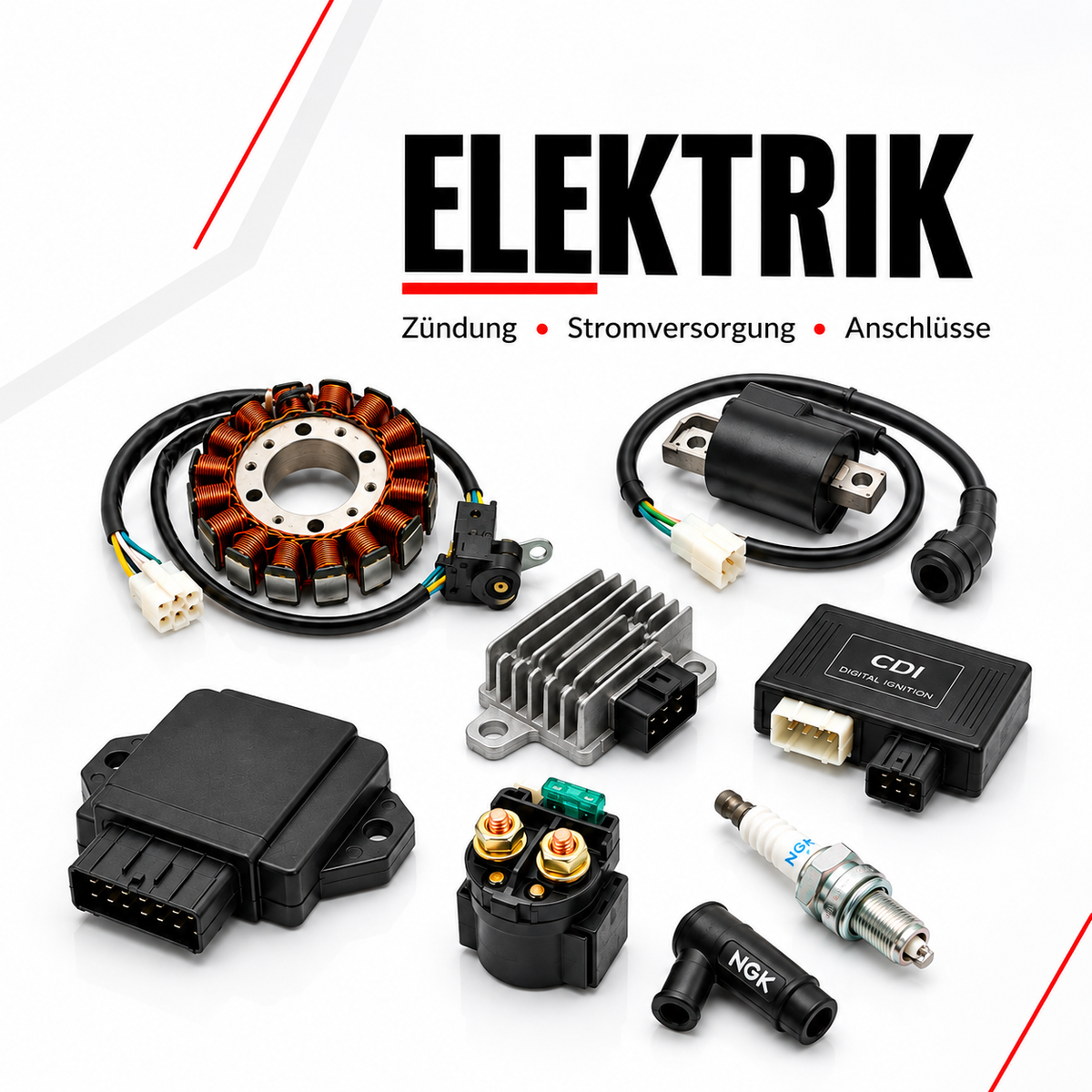 Verschiedene Elektrik-Komponenten für Motorräder wie Lichtmaschine, Zündspule, Regler, CDI und Zündkerze