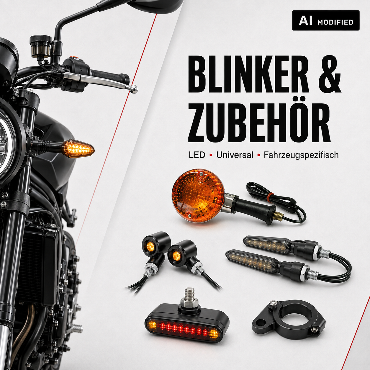 Motorrad mit verschiedenen Motorradblinkern sowie Zubehör für Blinker und Montage