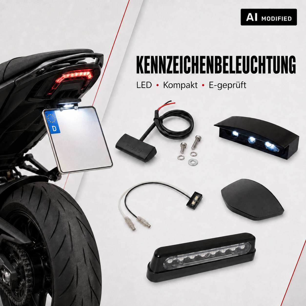 Motorradheck mit beleuchtetem Kennzeichen und verschiedenen LED-Kennzeichenbeleuchtungen