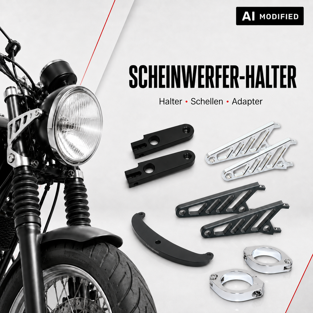 Motorrad mit Scheinwerfer sowie verschiedenen Scheinwerferhaltern, Schellen und Adaptern