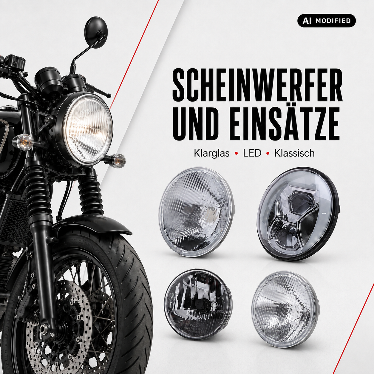 Motorrad mit klassischem Rundscheinwerfer und verschiedenen Scheinwerfern sowie Scheinwerfereinsätzen