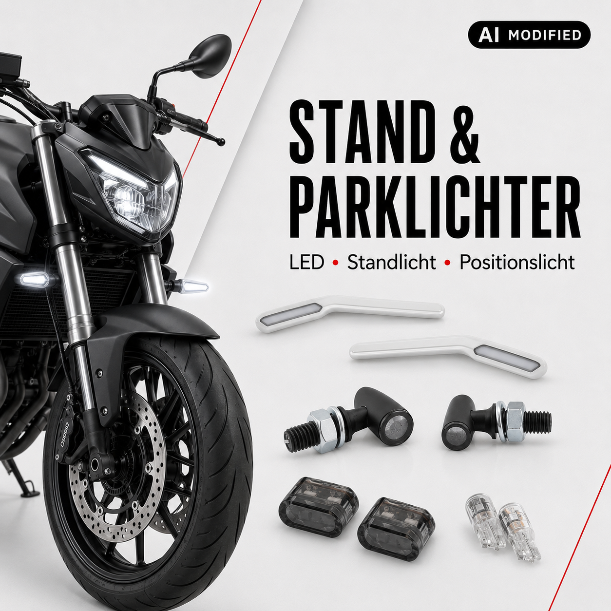 Motorrad mit verschiedenen LED-Standlichtern, Positionsleuchten und Standlichtmodulen