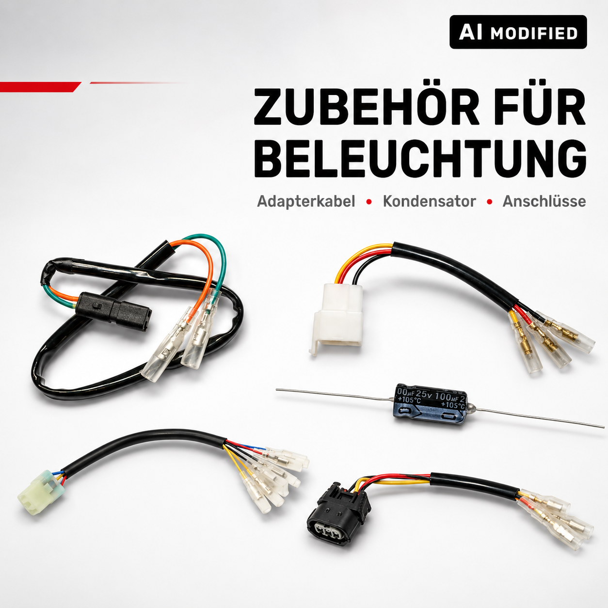 Verschiedene Adapterkabel, Anschlüsse und Kondensator für Motorradbeleuchtung