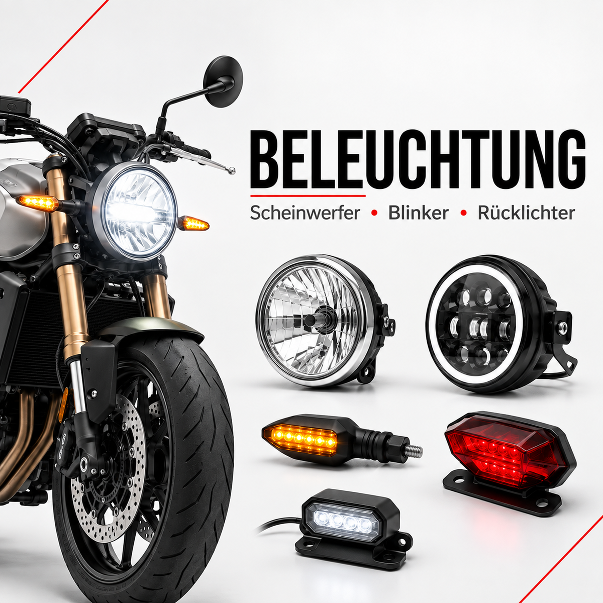 Motorrad mit Scheinwerfer, Blinker, Rücklicht und verschiedenen Komponenten für Motorradbeleuchtung