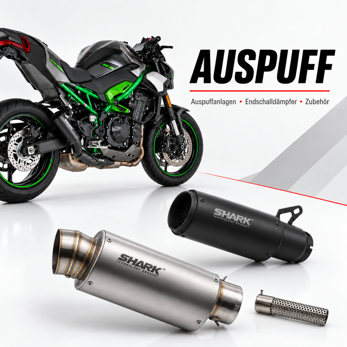 Motorrad mit Auspuffanlage sowie verschiedenen Endschalldämpfern und Auspuffzubehör