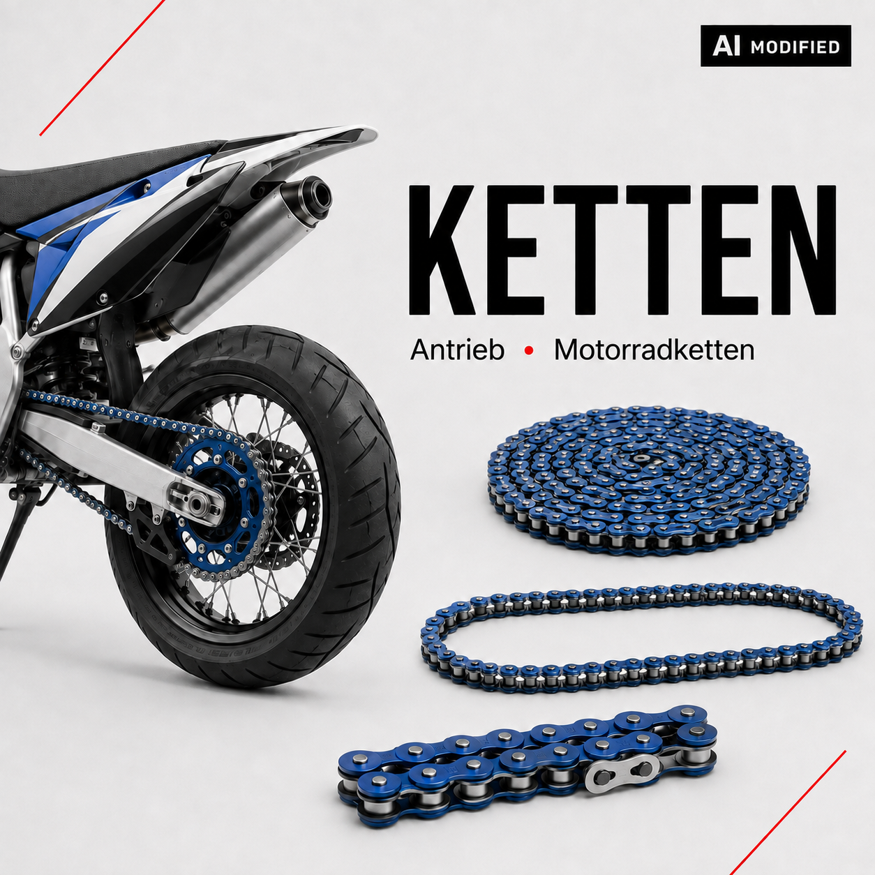 Motorrad mit blauer Antriebskette und verschiedenen Motorradketten