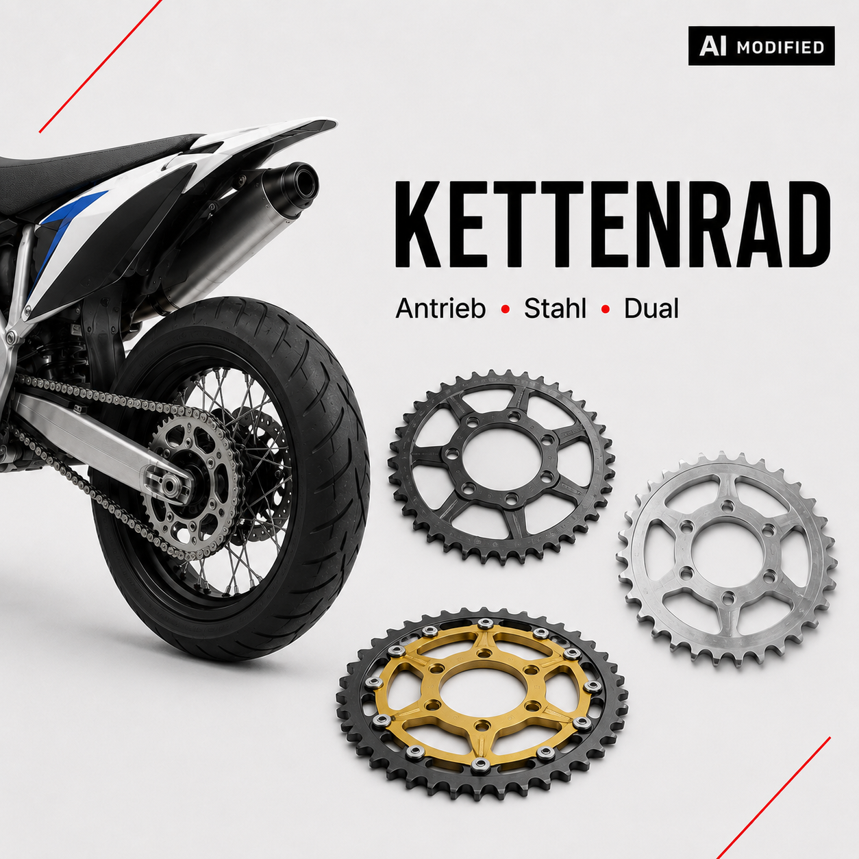 Motorrad mit montiertem Kettenrad sowie verschiedenen Kettenrädern aus Stahl und in Dual-Ausführung