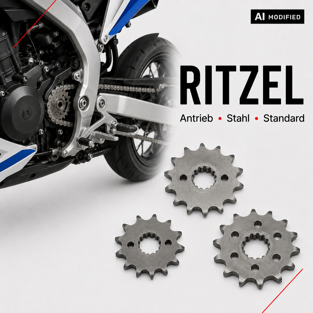Motorrad mit montiertem Ritzel sowie verschiedenen Stahlritzeln für den Kettenantrieb