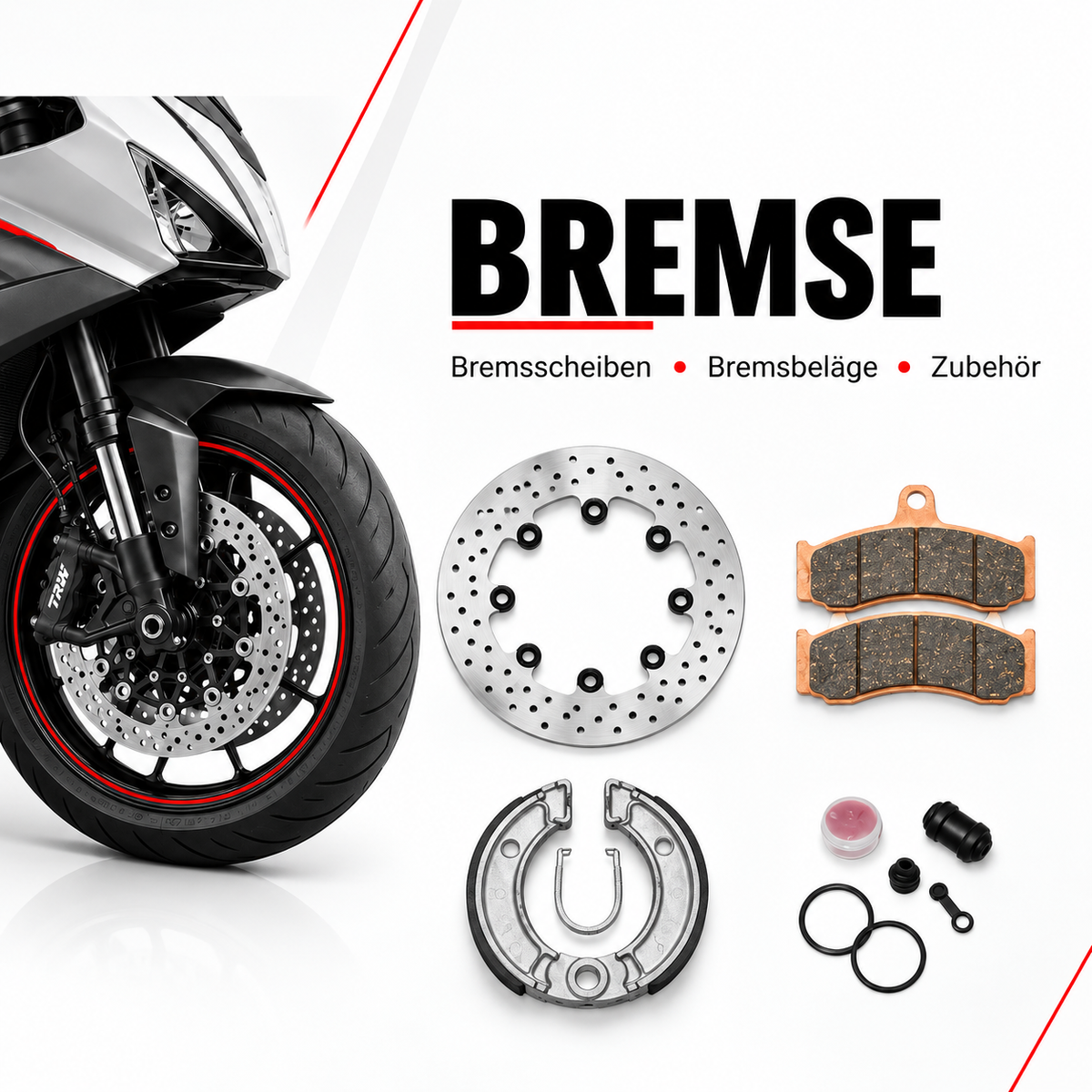 Motorrad-Vorderrad mit Bremsscheibe sowie Bremsbeläge, Bremsbacken und Bremszubehör für Motorräder