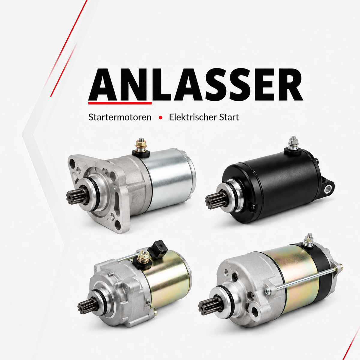 Vier Motorrad-Anlasser in schwarzen und metallfarbenen Ausführungen mit Anschlussbolzen und Antriebswellen.