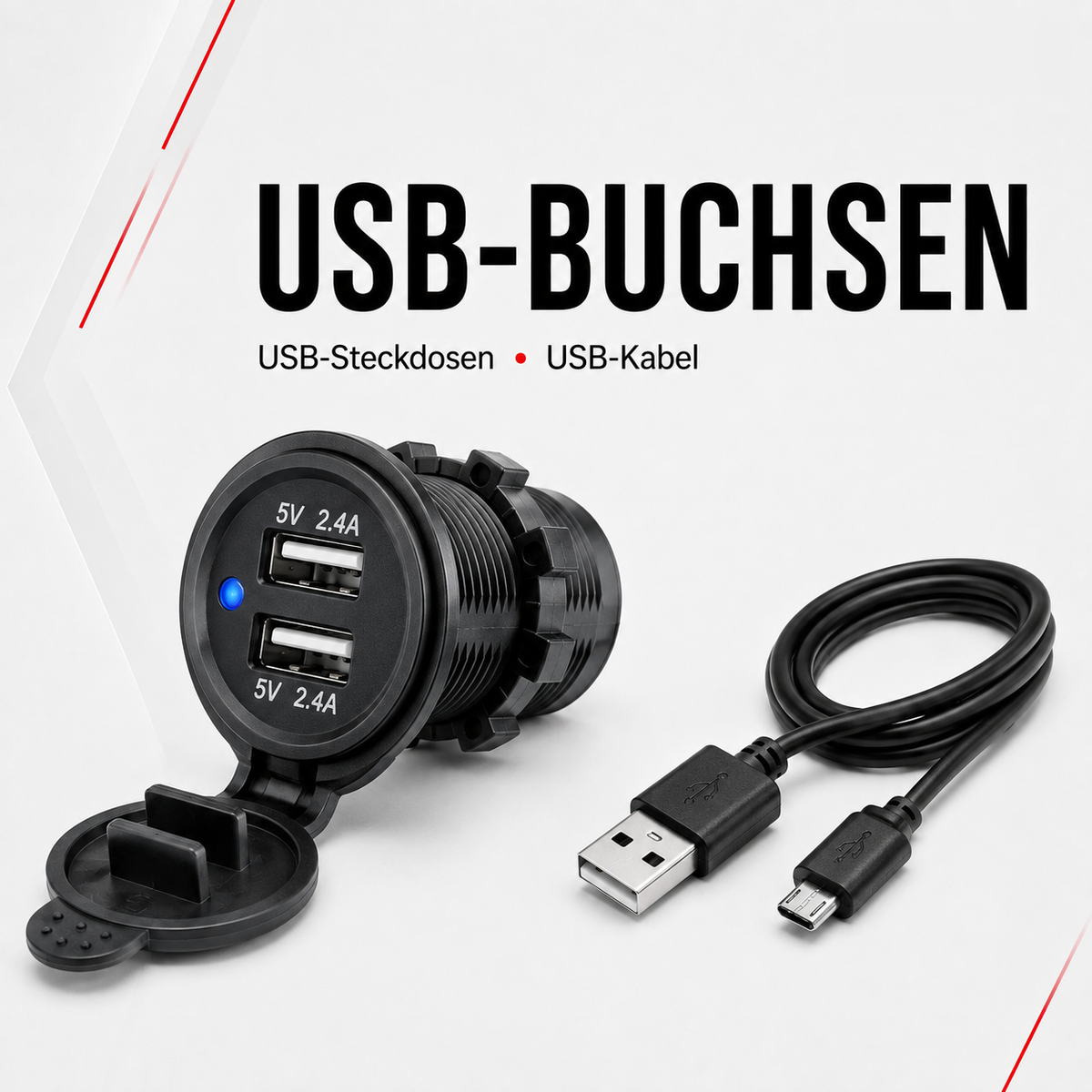 Runde Doppel-USB-Buchse mit Schutzkappe und ein USB-Ladekabel für das Motorrad.