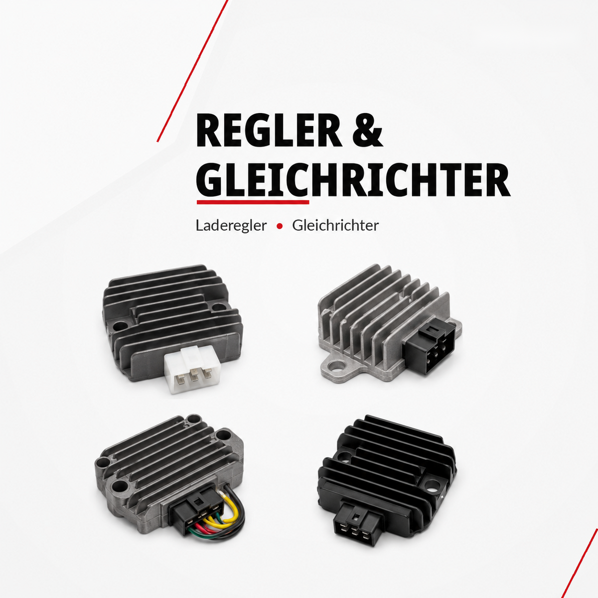Motorrad-Regler und Gleichrichter mit Kühlrippen und verschiedenen Steckanschlüssen.