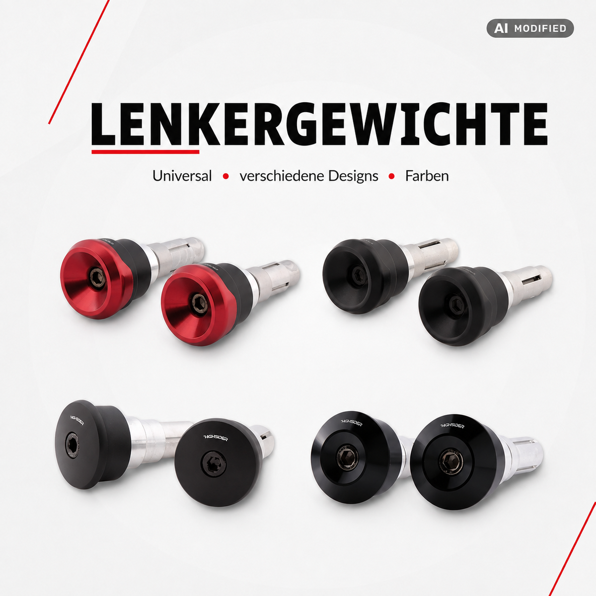Verschiedene Lenkergewichte für Motorräder in unterschiedlichen Farben und Designs