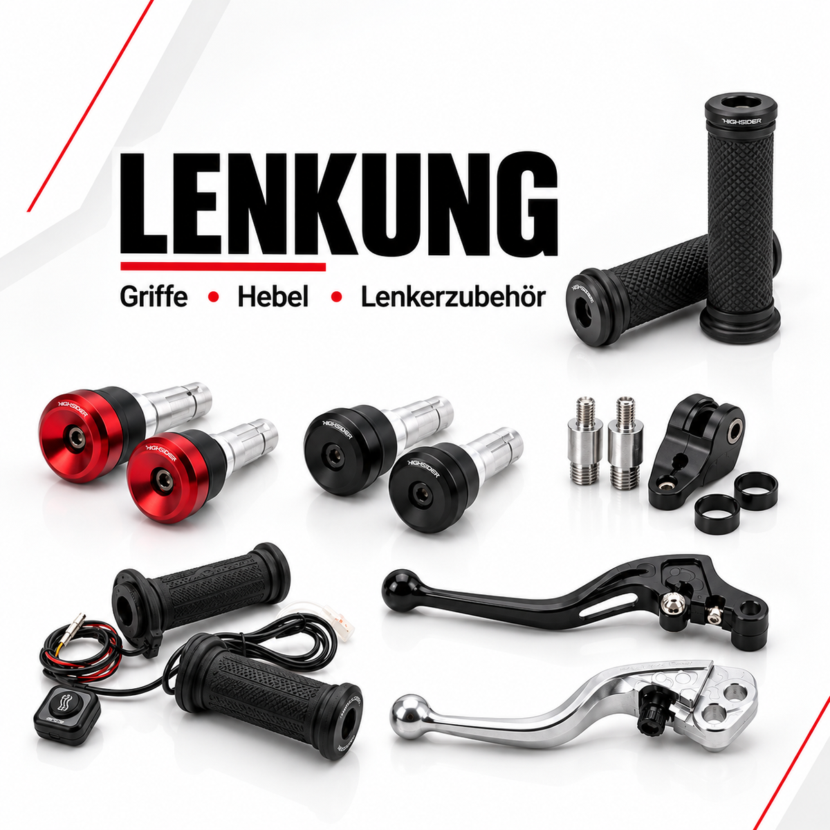 Verschiedene Komponenten für die Motorradlenkung wie Griffe, Hebel, Lenkergewichte und Lenkerzubehör