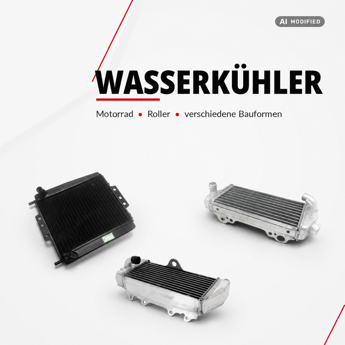 Verschiedene Wasserkühler für Motorräder und Roller in unterschiedlichen Bauformen