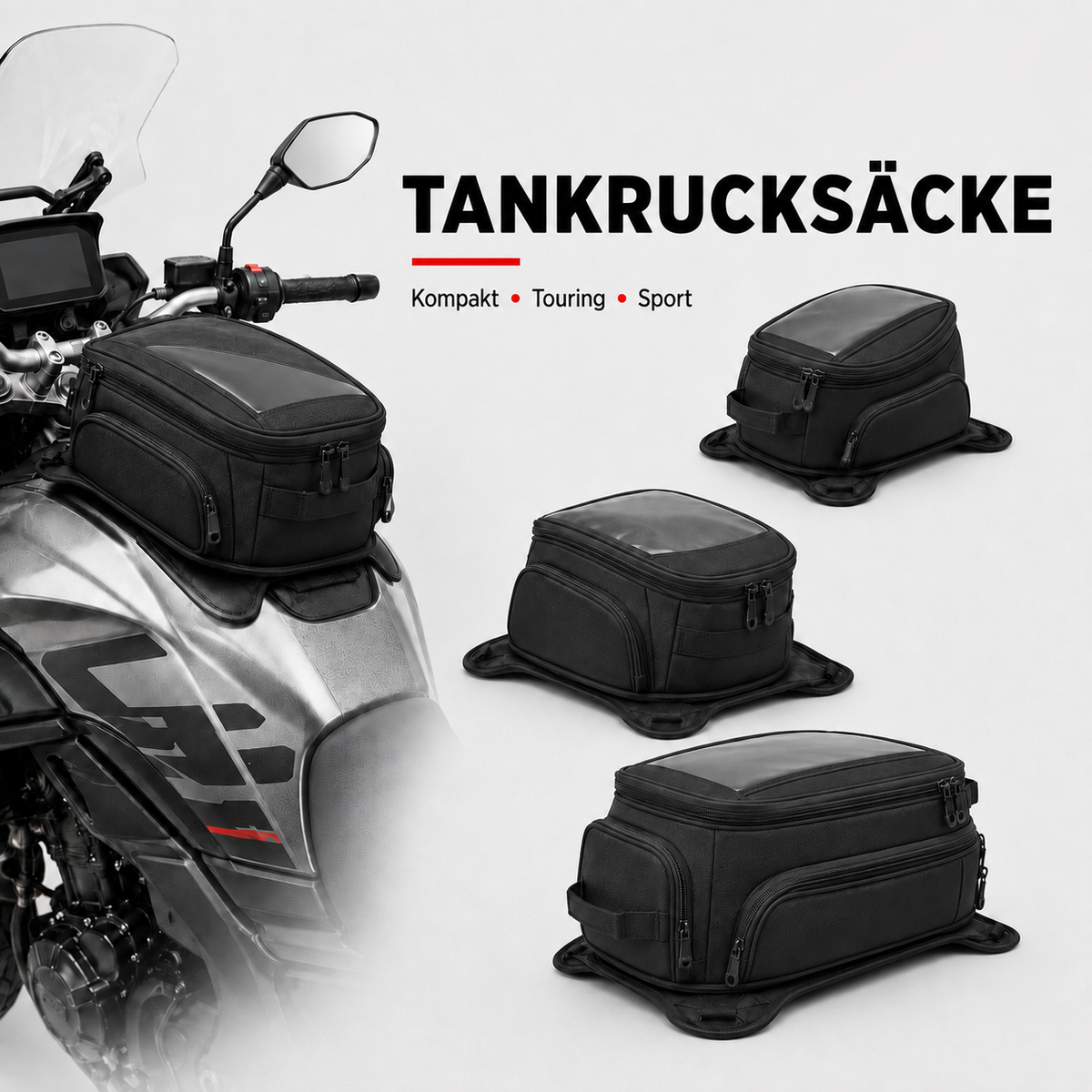 Schwarze Tankrucksäcke in verschiedenen Größen sowie ein auf einem Motorradtank befestigter Tankrucksack.
