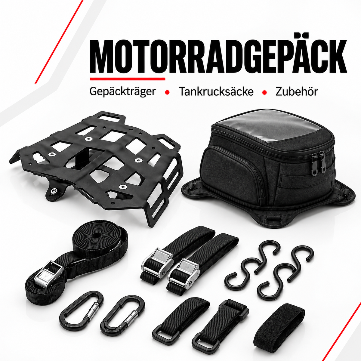 Motorradgepäck mit Gepäckträger, Tankrucksack sowie Gurten und Befestigungszubehör