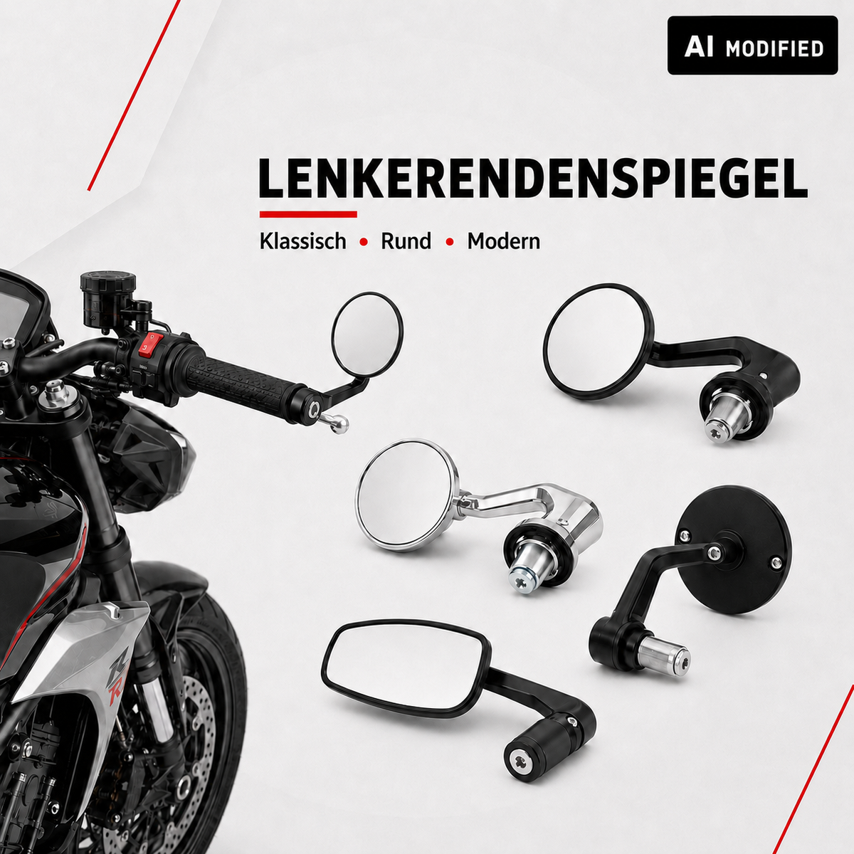 Verschiedene Lenkerendenspiegel für Motorräder in runden und modernen Ausführungen