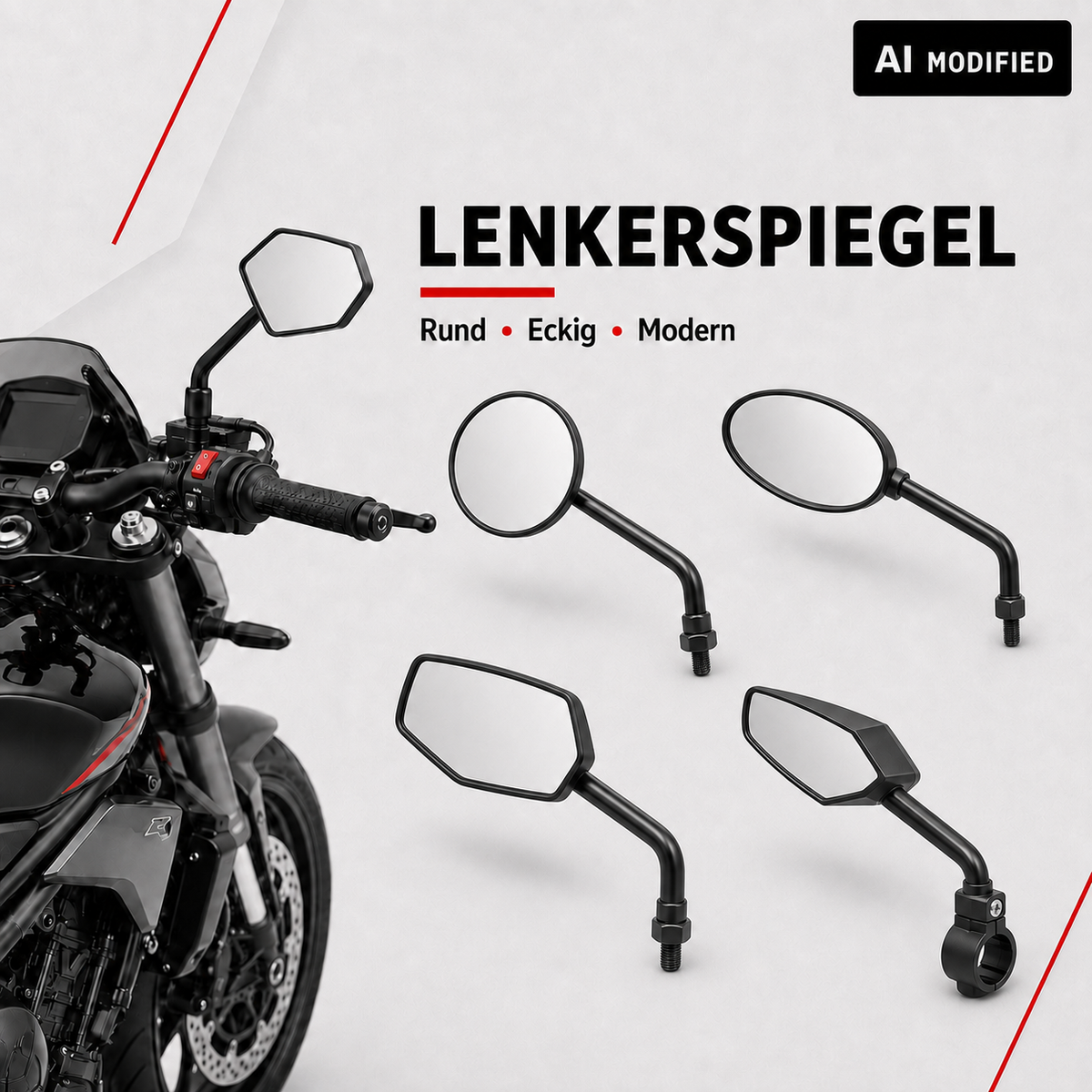 Verschiedene Lenkerspiegel für Motorräder in runden, ovalen und eckigen Ausführungen