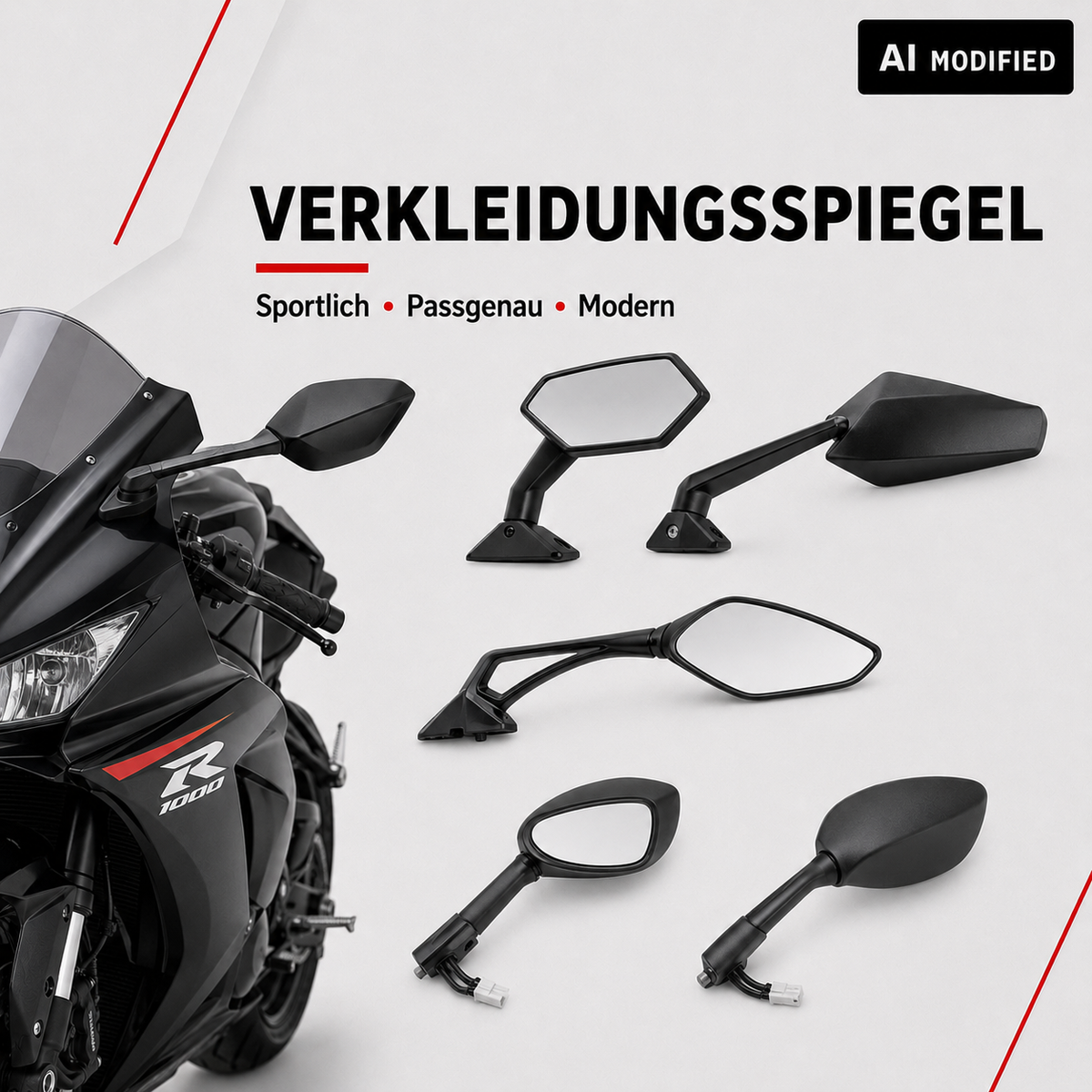 Verschiedene Verkleidungsspiegel für Motorräder in sportlichen, fahrzeugspezifischen Ausführungen