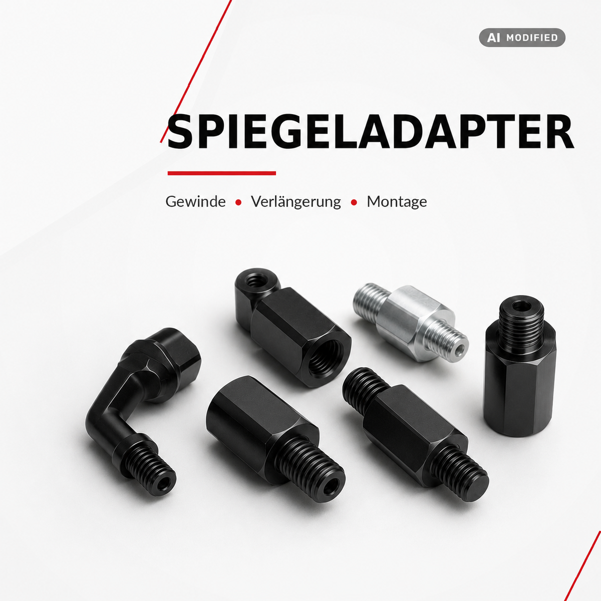 Verschiedene Spiegeladapter für Motorräder in schwarzen und silbernen Ausführungen