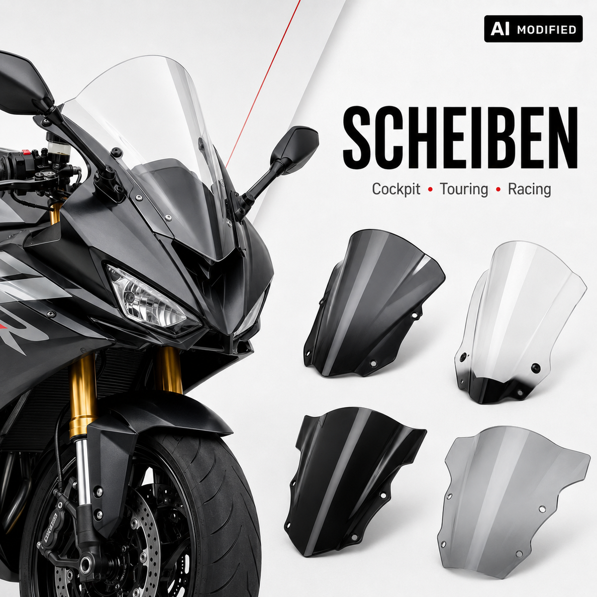Verschiedene Motorrad-Windschutzscheiben und Cockpitscheiben in klaren und getönten Ausführungen