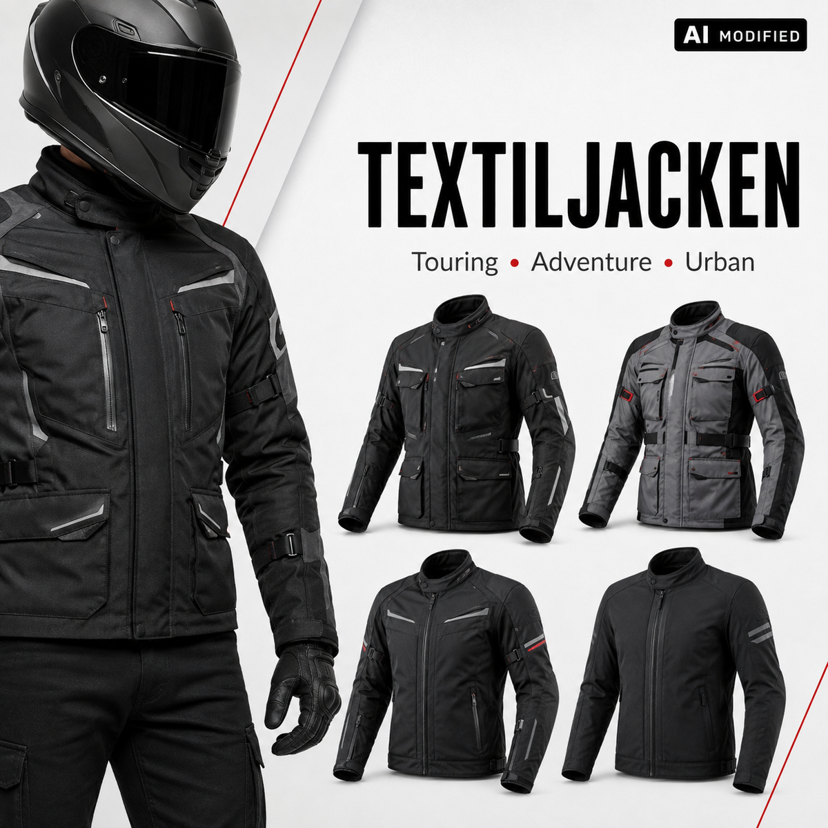 Motorrad-Textiljacken für Touring, Adventure und Urban in schwarzen und grauen Ausführungen