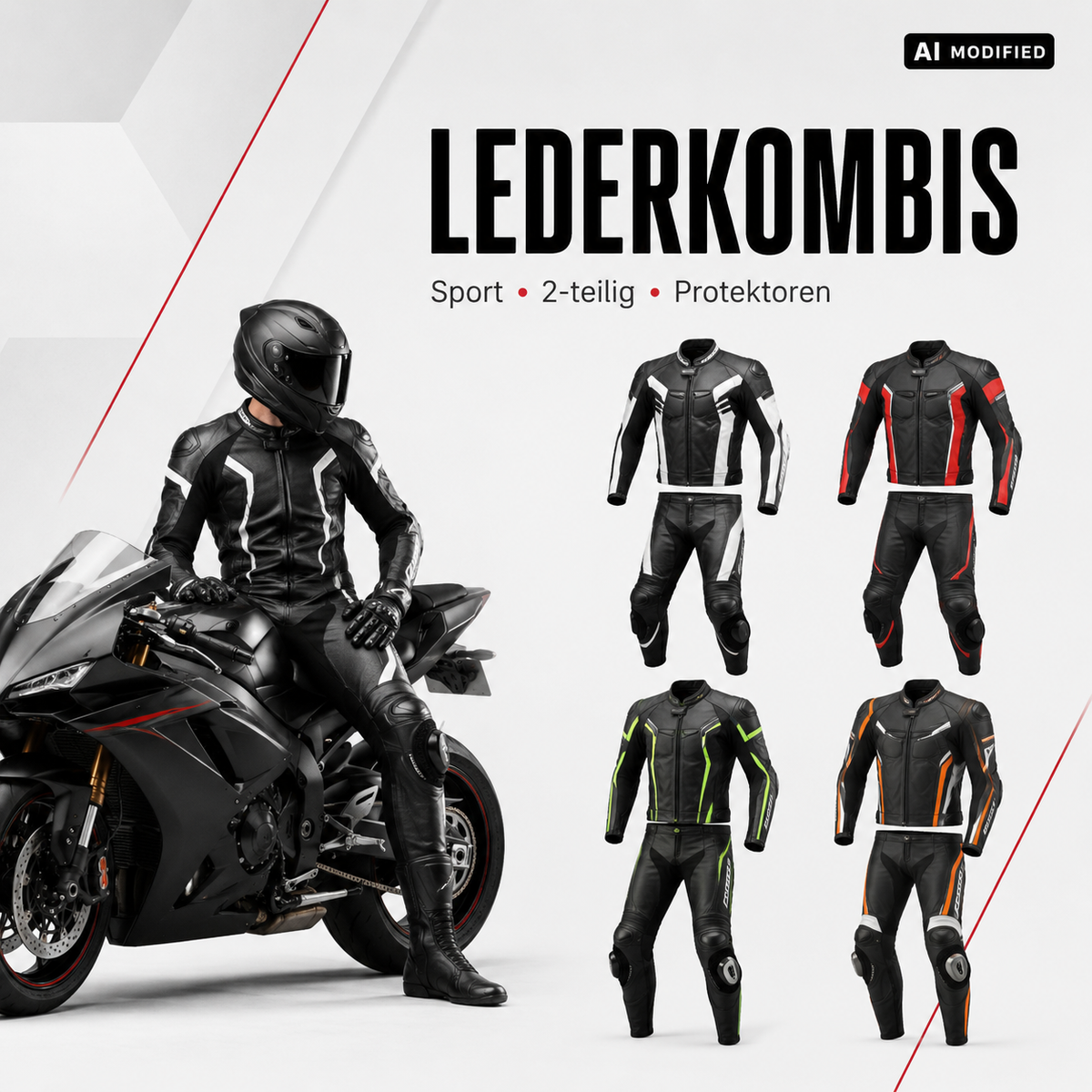 Motorrad-Lederkombis in zweiteiliger Ausführung mit Protektoren in verschiedenen sportlichen Farbkombinationen