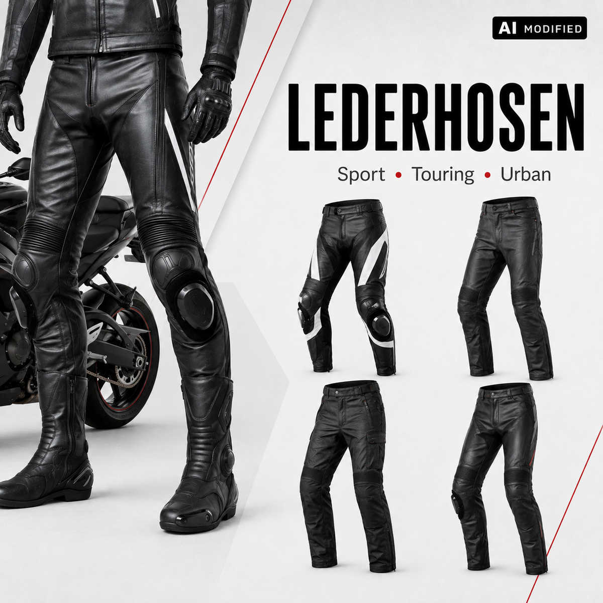Motorrad-Lederhosen für Sport, Touring und Urban in schwarzen sowie schwarz-weißen Ausführungen mit Protektoren