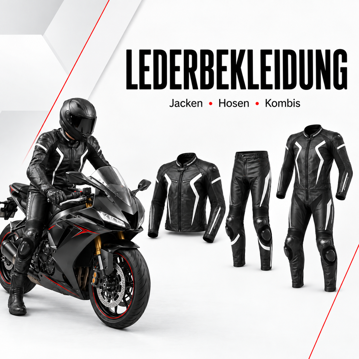Motorrad-Lederbekleidung mit Lederjacken, Lederhosen und Lederkombis in sportlichen schwarzen Ausführungen