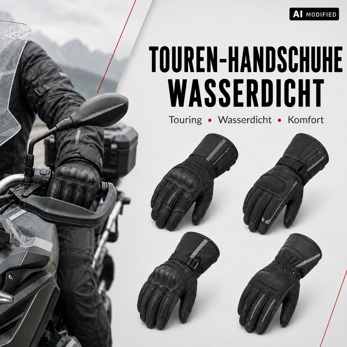 Wasserdichte Touren-Motorradhandschuhe in verschiedenen schwarzen Ausführungen für komfortables Fahren bei Regen