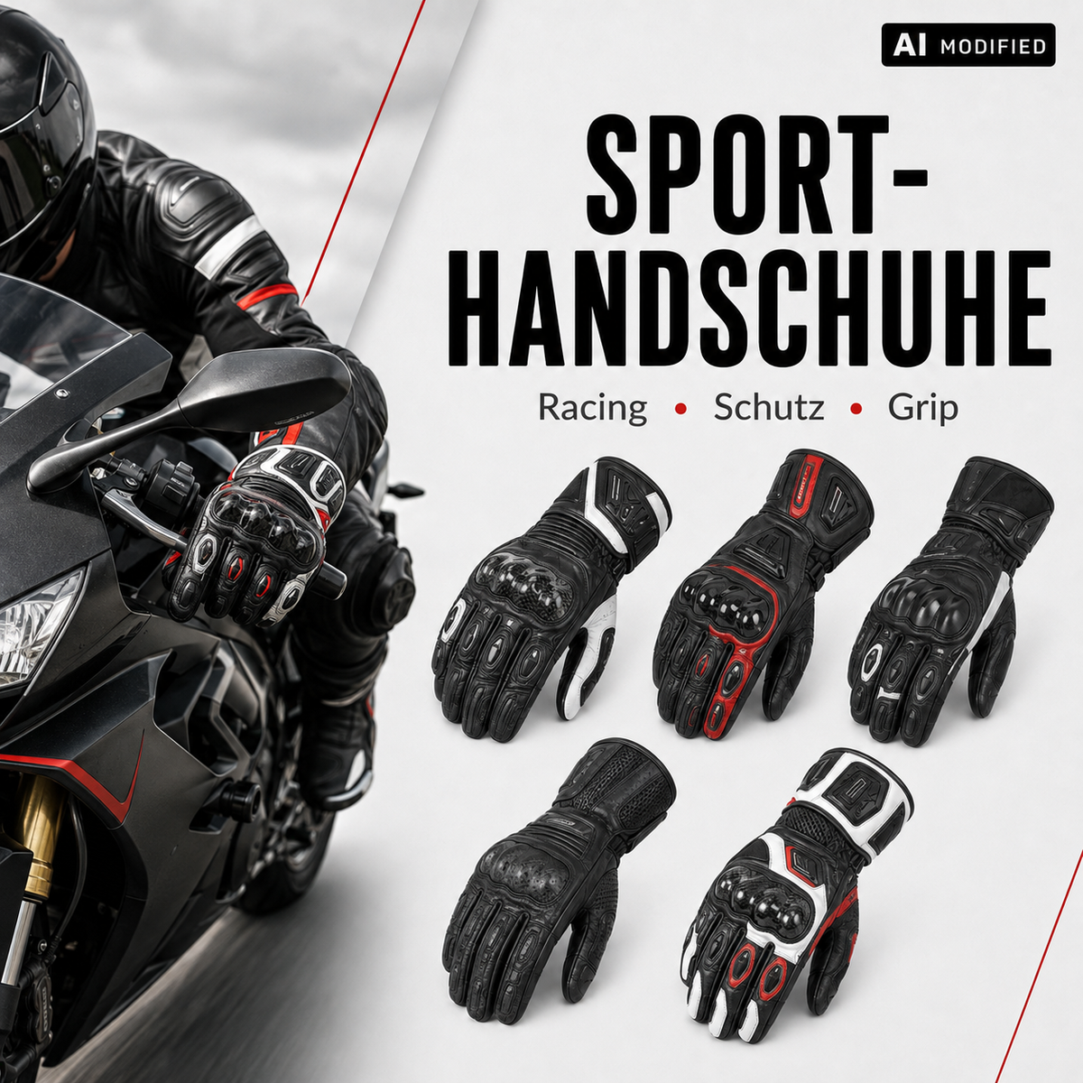 Sport-Motorradhandschuhe in verschiedenen schwarzen sowie schwarz-rot-weißen Ausführungen mit Protektoren und sportlichem Schnitt