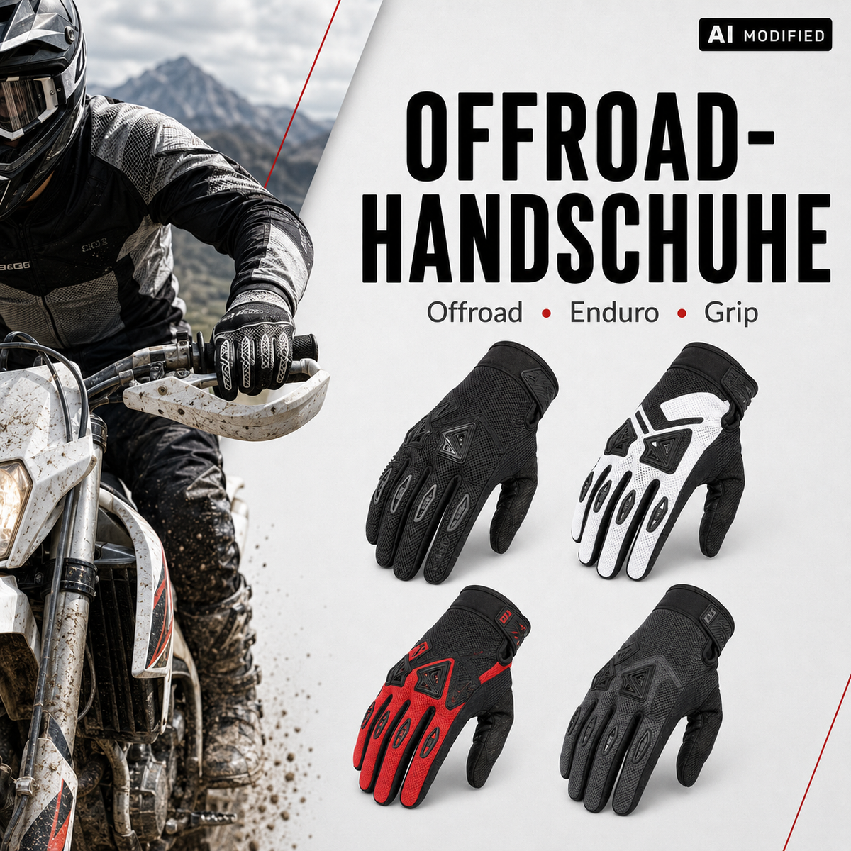 Offroad-Motorradhandschuhe in schwarzen, schwarz-weißen und schwarz-roten Ausführungen für Enduro und Geländeinsatz