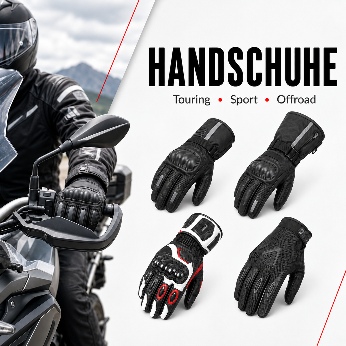Motorradhandschuhe für Touring, Sport und Offroad in verschiedenen schwarzen sowie farblich abgesetzten Ausführungen