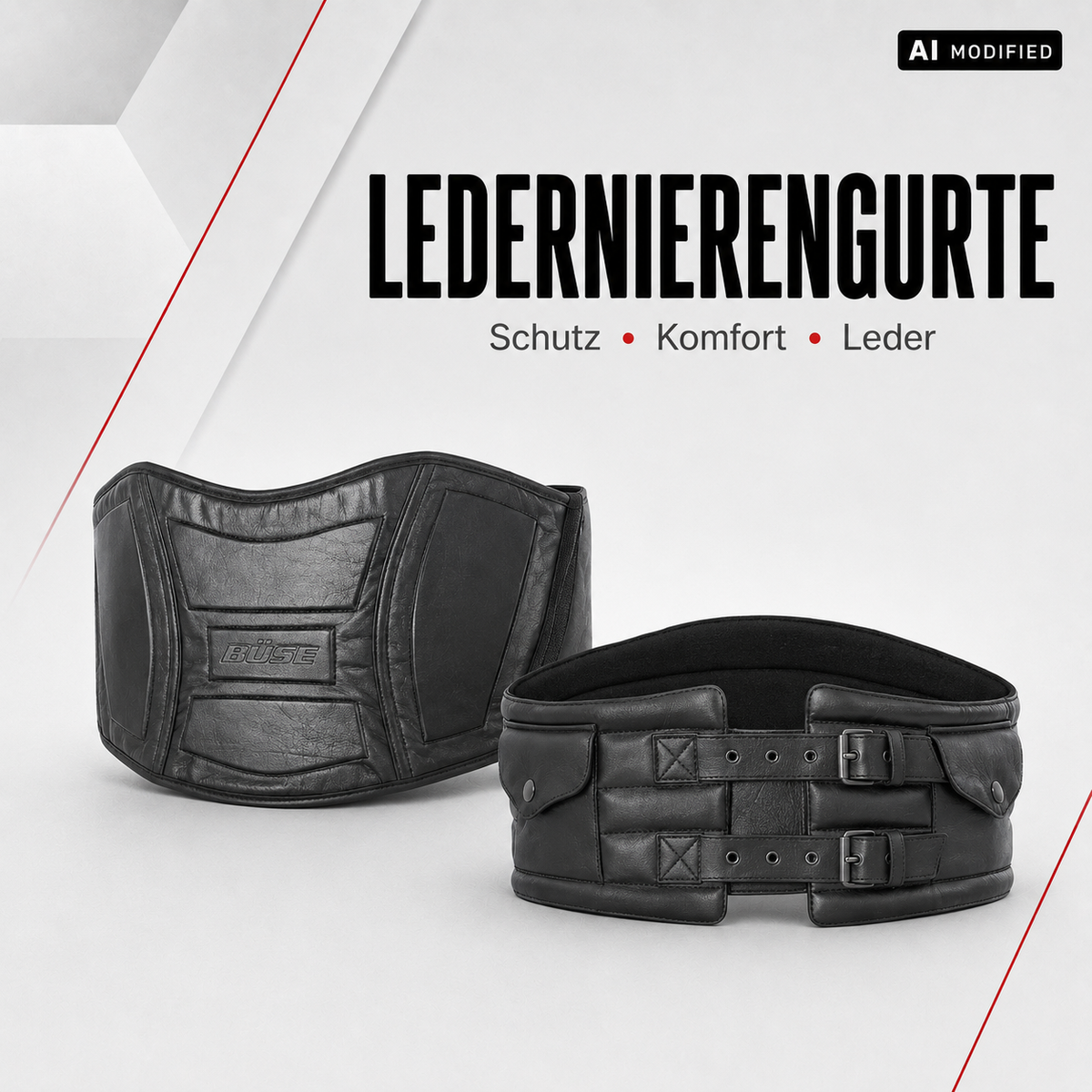 Schwarze Ledernierengurte von BÜSE in unterschiedlichen Ausführungen mit Polsterung, Schnallen und Taschen