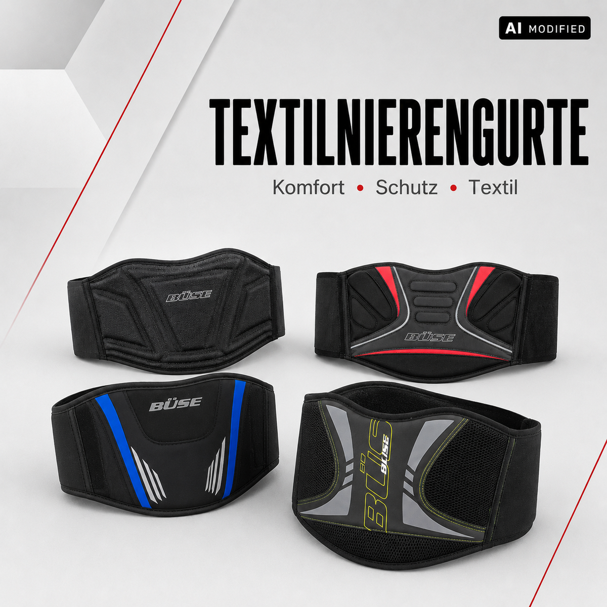 BÜSE Textilnierengurte in verschiedenen schwarzen und farblich abgesetzten Ausführungen für Komfort und Schutz beim Motorradfahren