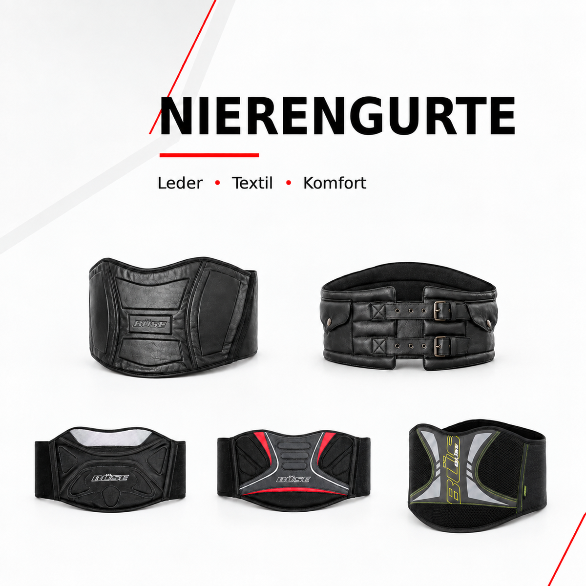 BÜSE Nierengurte aus Leder und Textil in verschiedenen schwarzen und farblich abgesetzten Ausführungen für Komfort und Unterstützung beim Motorradfahren