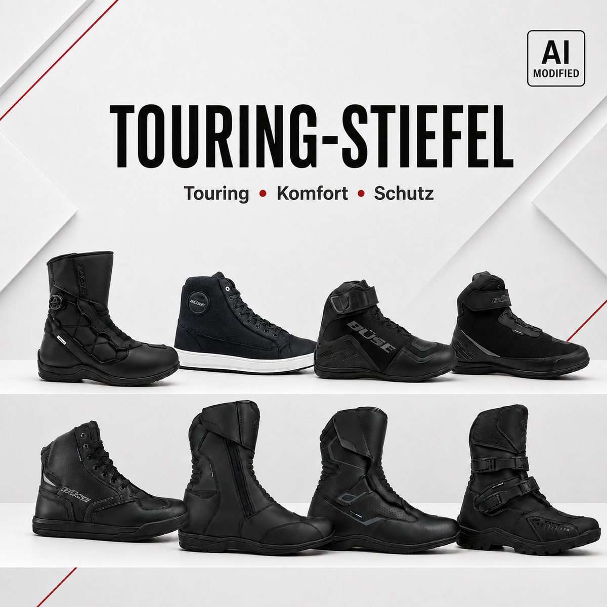 Touring-Motorradstiefel in verschiedenen schwarzen Ausführungen für komfortables und geschütztes Fahren auf längeren Touren.