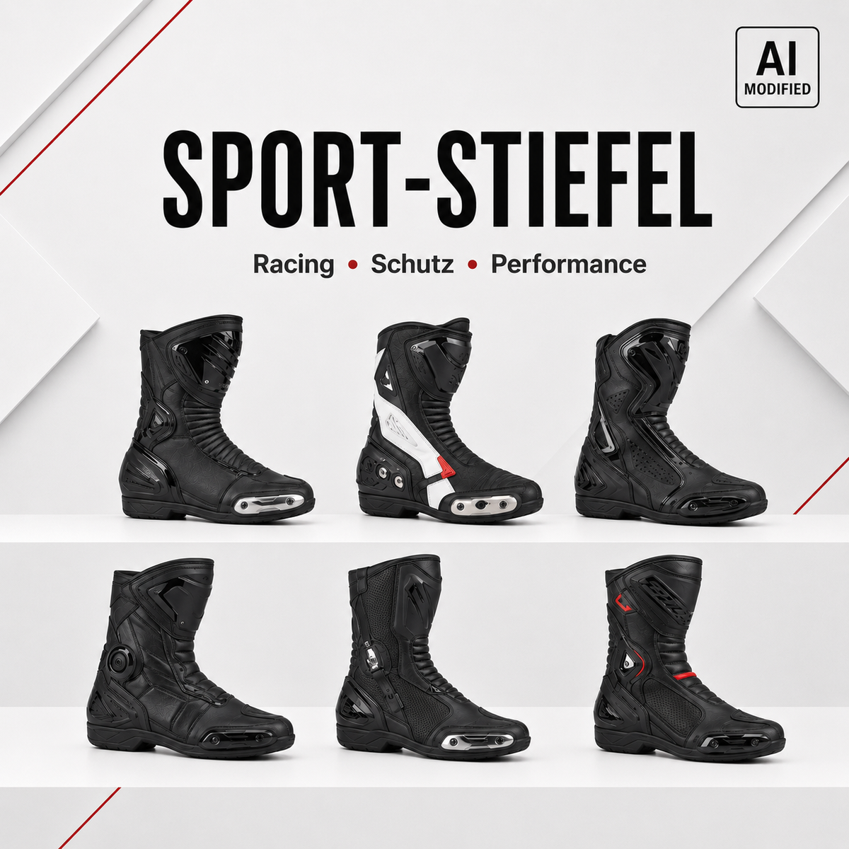 Sport-Motorradstiefel für Racing und Performance in verschiedenen schwarzen Ausführungen mit verstärkten Schutzbereichen.