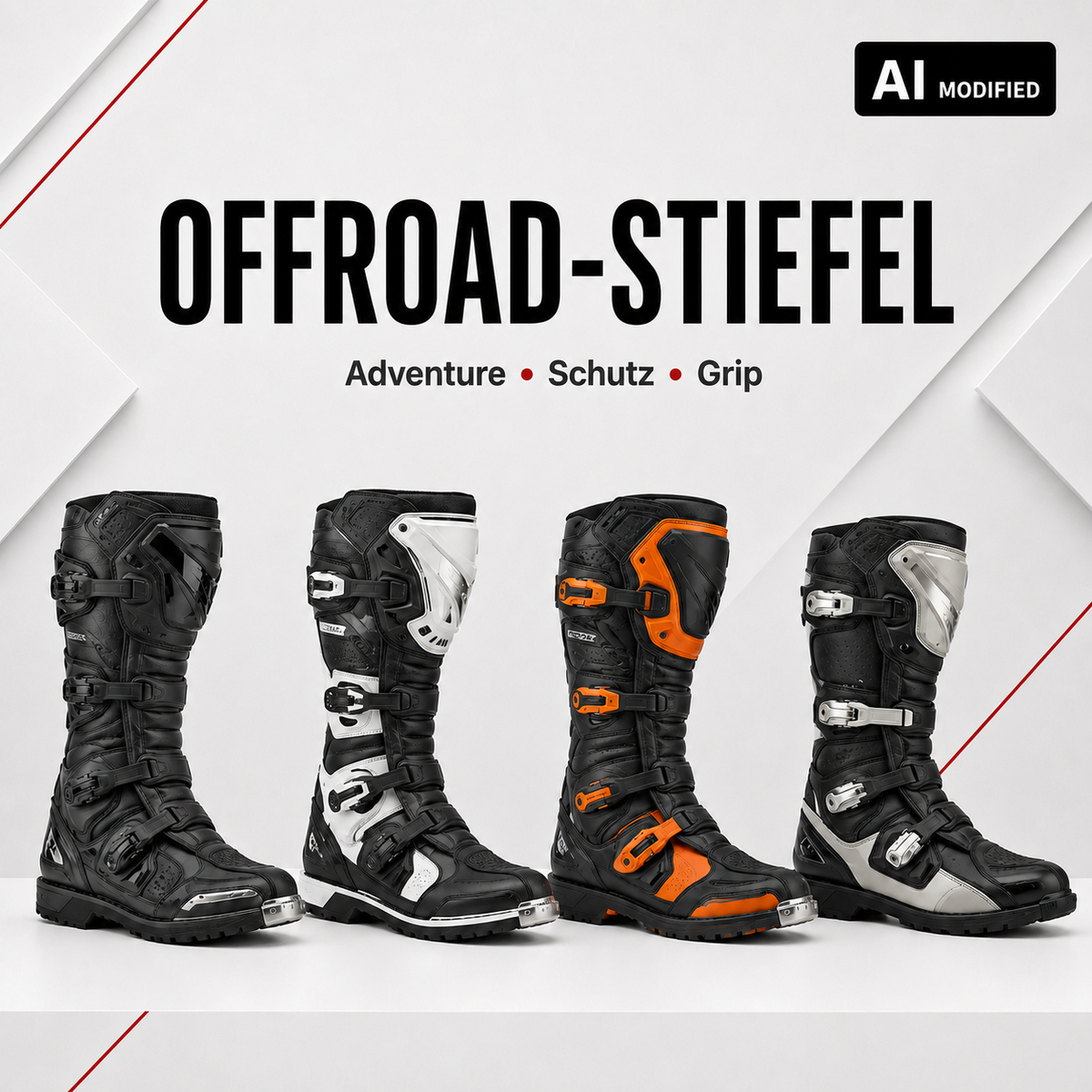 Offroad-Motorradstiefel in schwarzen sowie farblich abgesetzten Ausführungen mit hohem Schaft, Schutzverstärkungen und robusten Verschlüssen.