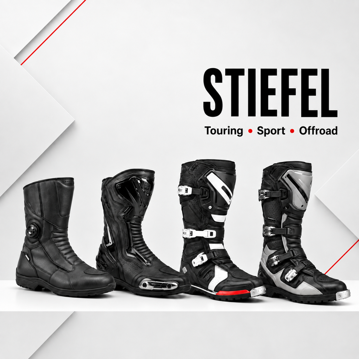 Motorradstiefel für Touring, Sport und Offroad in verschiedenen schwarzen Ausführungen mit unterschiedlichen Schutz- und Komfortmerkmalen.