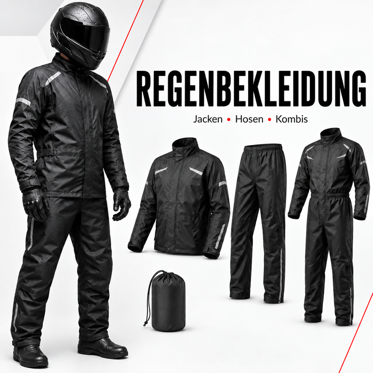 Motorrad-Regenbekleidung mit Regenjacken, Regenhosen und Regenkombis in schwarzen Ausführungen für Schutz bei nassem Wetter.