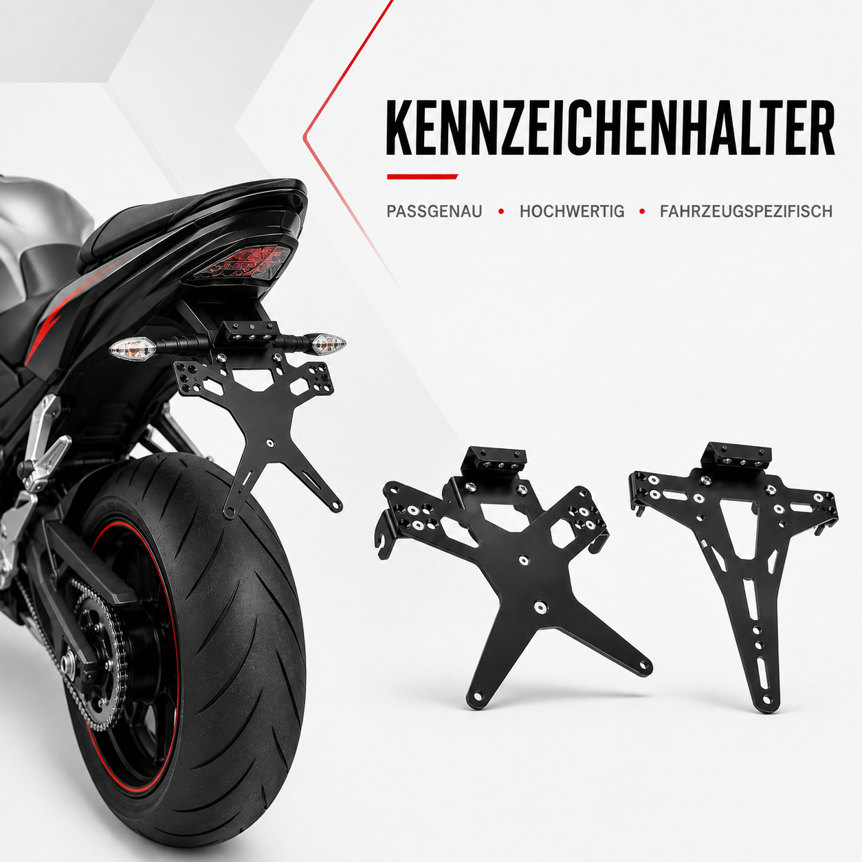 Motorrad Kennzeichenhalter mit montiertem Halter und zwei freigestellten Modellen