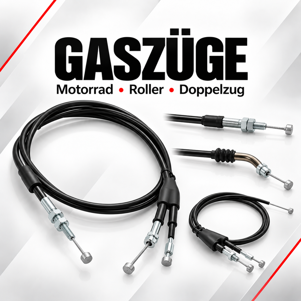 Schwarze Gaszüge für Motorräder und Roller mit verschiedenen Anschlüssen und Doppelzug