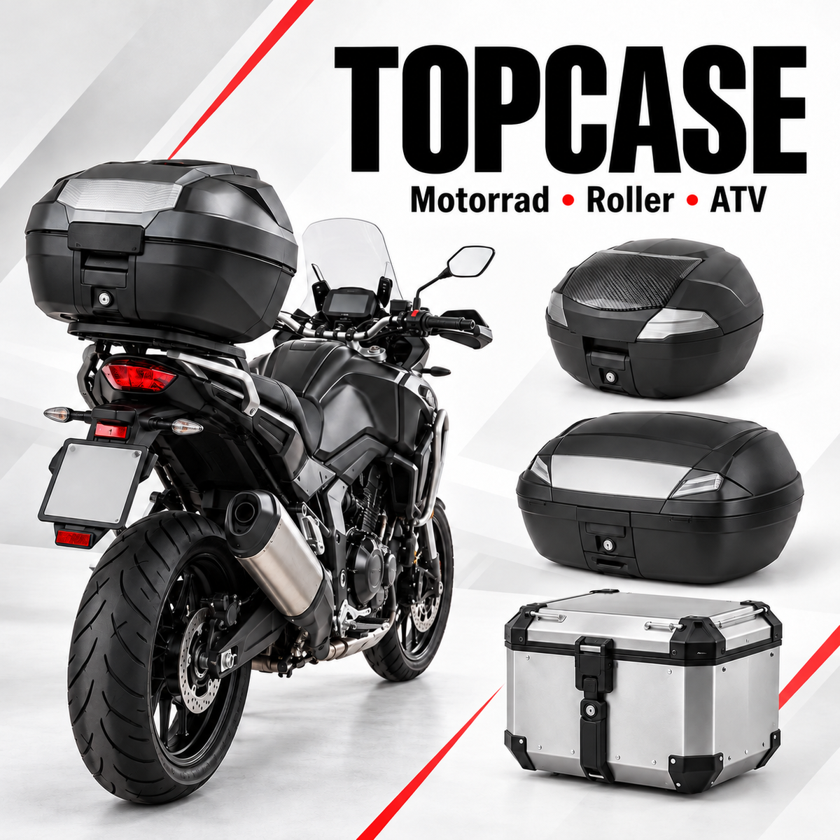 Motorrad mit montiertem Topcase und verschiedenen Topcase-Ausführungen in Schwarz und Aluminium.