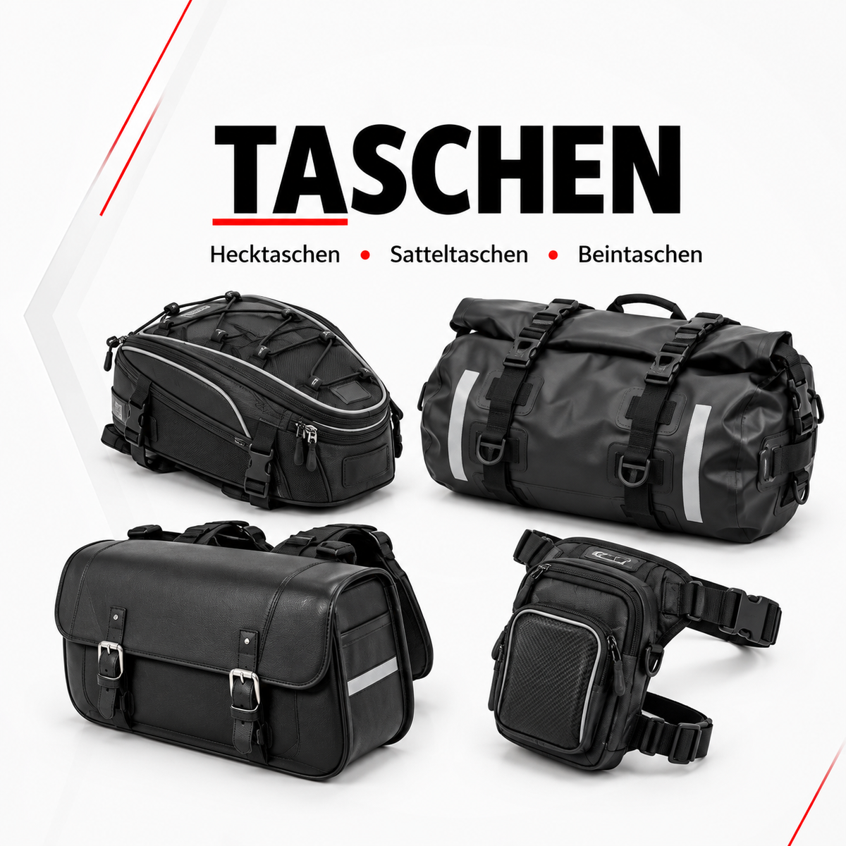 Schwarze Motorrad-Hecktaschen, eine Satteltasche und eine Beintasche mit Befestigungsriemen.