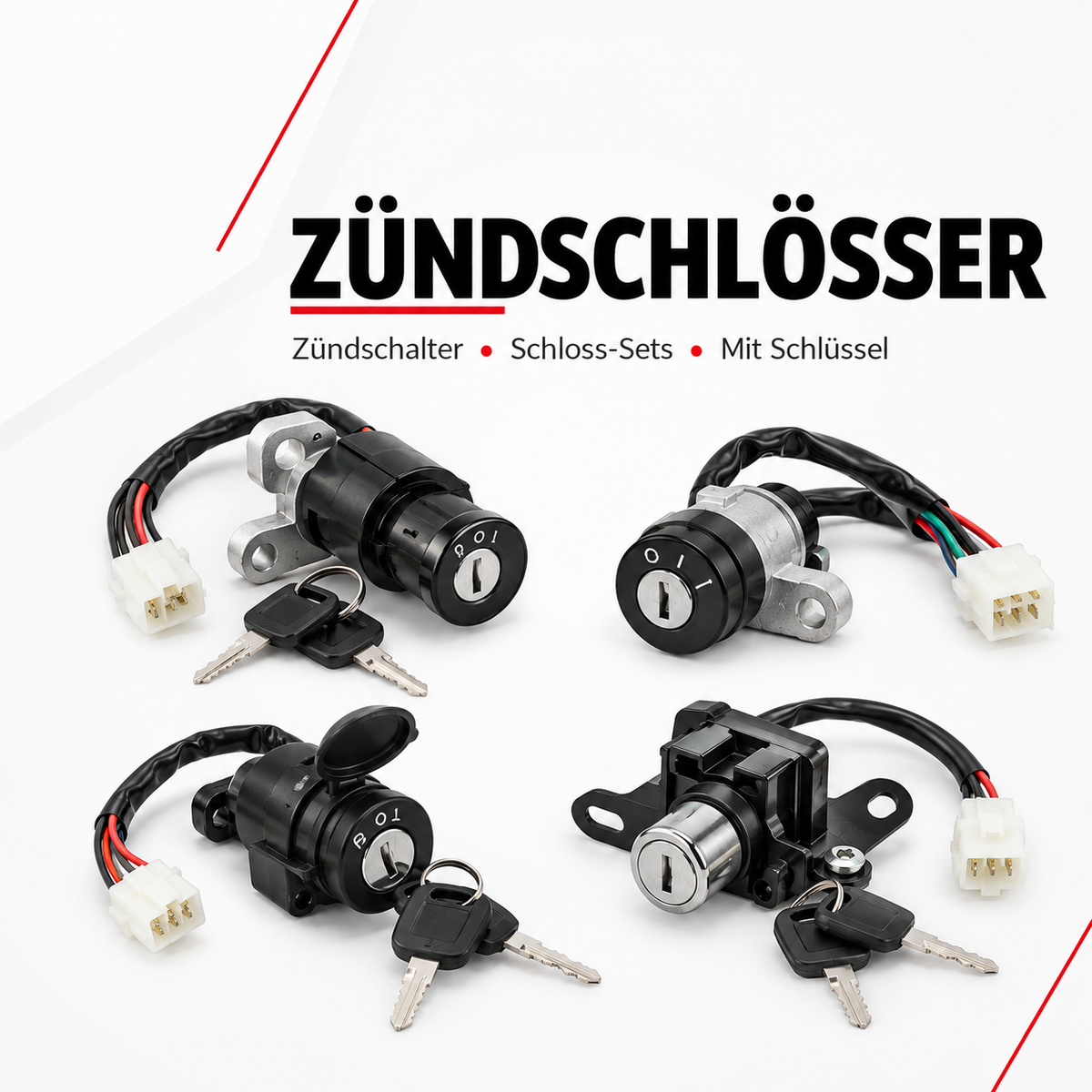 Vier Motorrad-Zündschlösser mit Schlüsseln, Halterungen und elektrischen Anschlusskabeln.