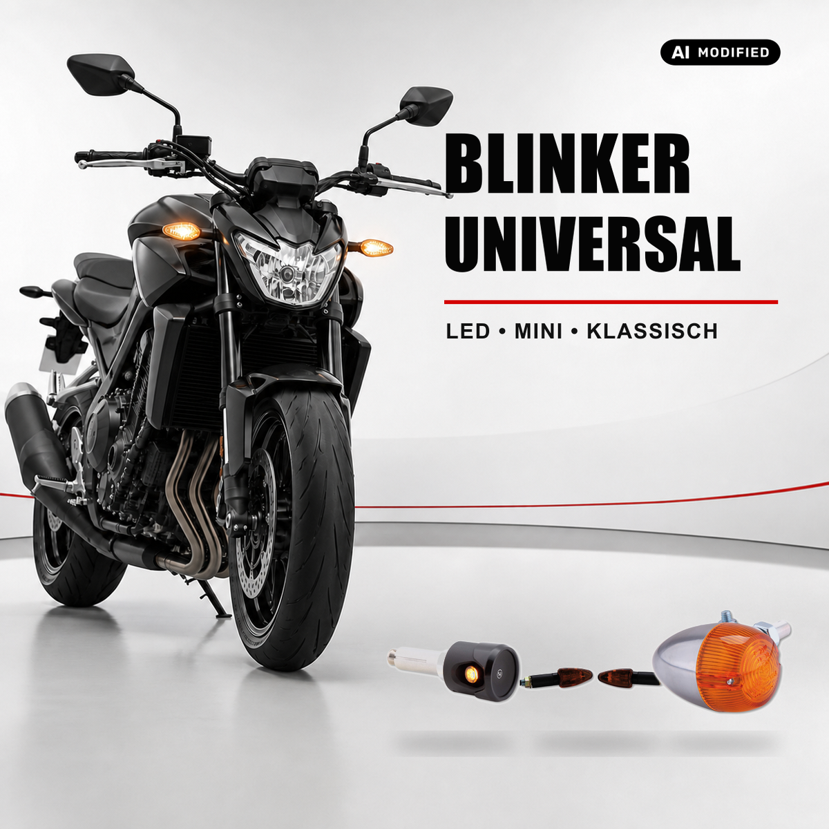 Schwarzes Motorrad mit beleuchteten Blinkern und drei Universalblinker-Bauformen; teilweise KI-modifiziert