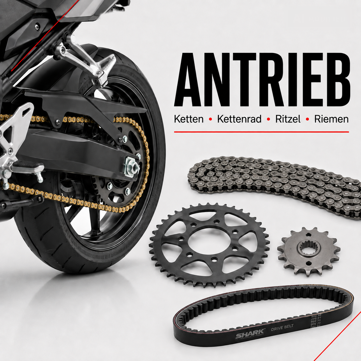 Motorrad mit goldener Antriebskette, Kettenrad, Ritzel, Motorradkette und Antriebsriemen
