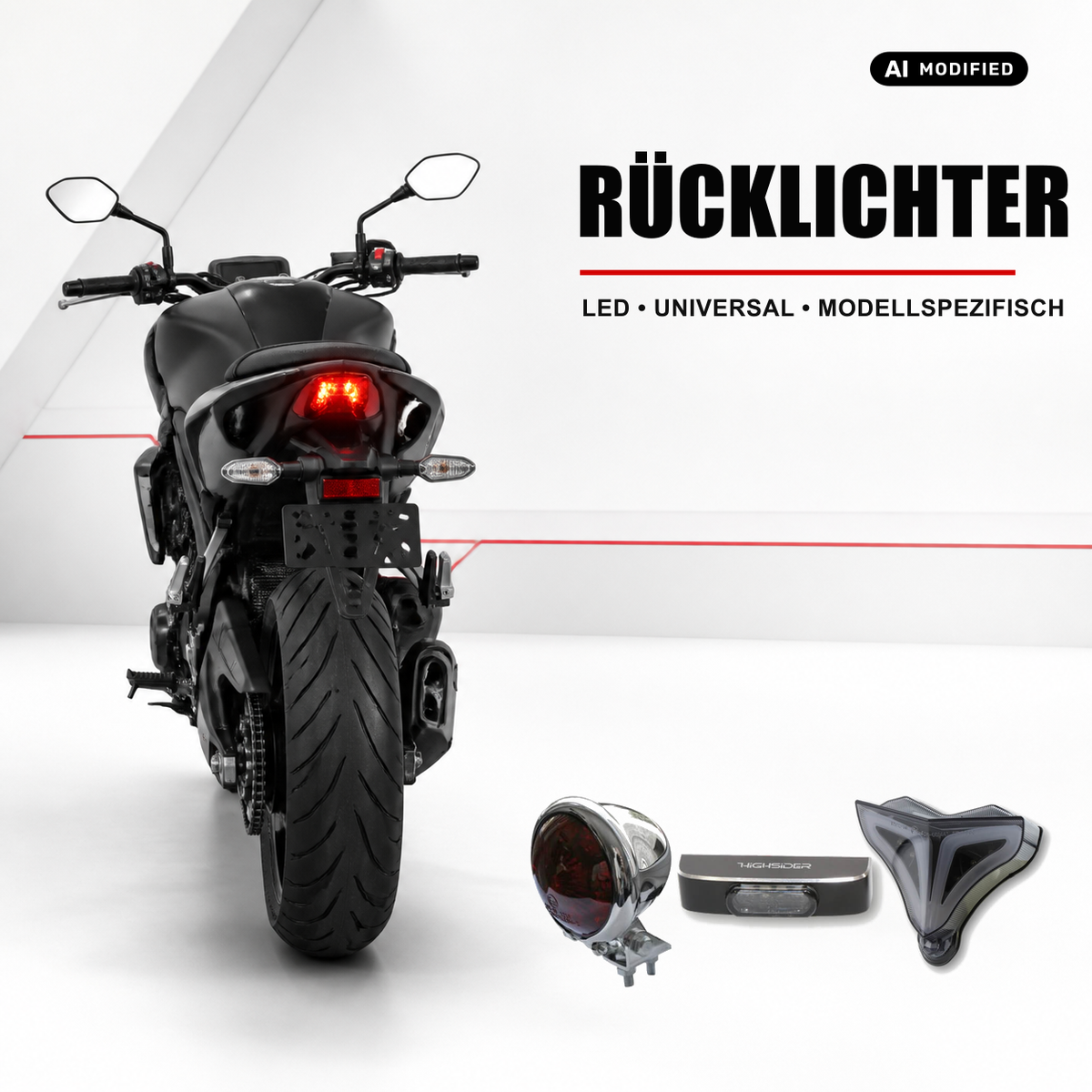 Schwarzes Motorrad von hinten mit leuchtendem Rücklicht und drei Rücklicht-Bauformen; teilweise KI-modifiziert